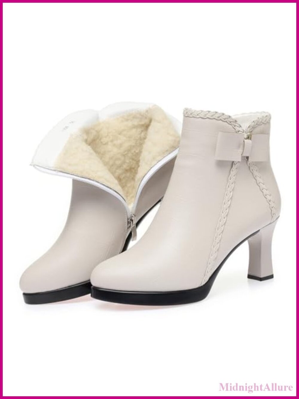 Women's Pointed Toe Kitten Heel Ankle Boots with Faux Fur Lining